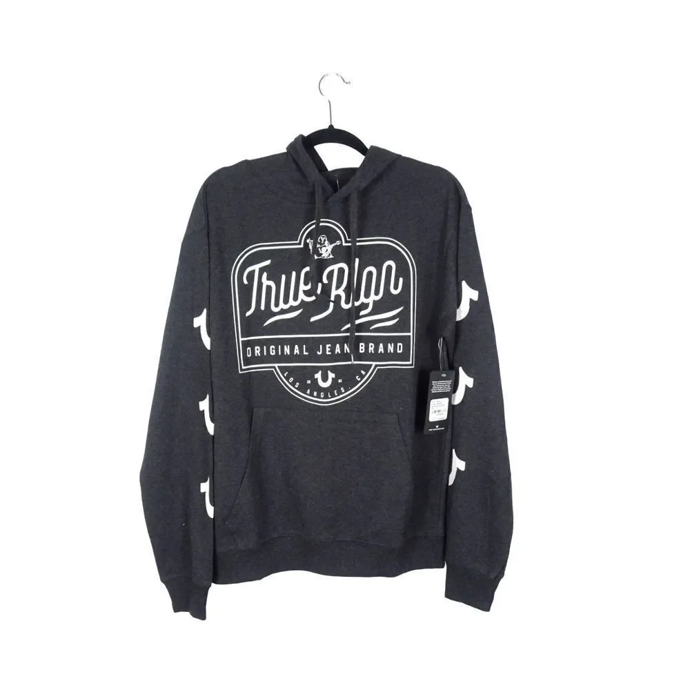 TRUE RELIGION Hooded Sweatshirt Pullover Lightweight Long SL Charcoal Gray NWT L